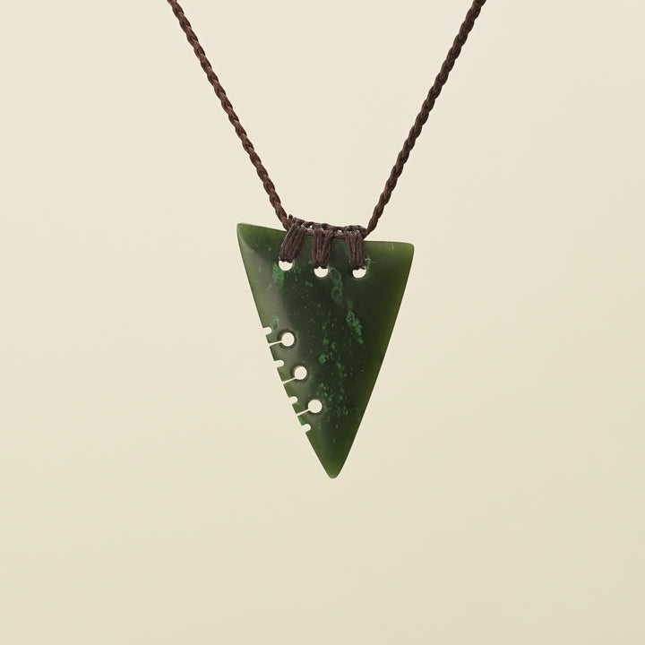 Notched Niho Tooth Kawakawa Greenstone Small Pendant Brown Binding