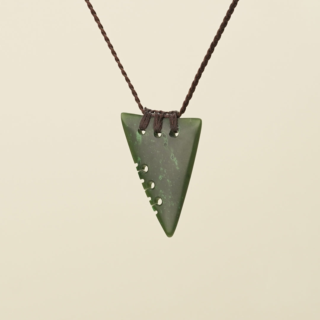 Notched Niho Tooth Kawakawa Greenstone Small Pendant Brown Binding