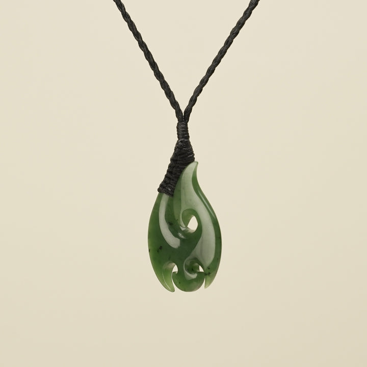 Hei Matau Medium Kawakawa Greenstone Black Binding