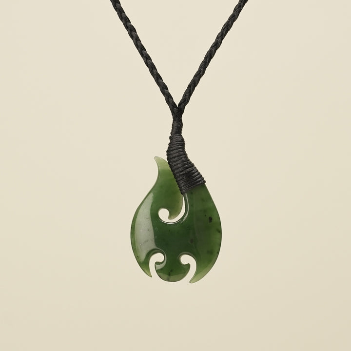 Hei Matau Medium Kawakawa Greenstone Black Binding