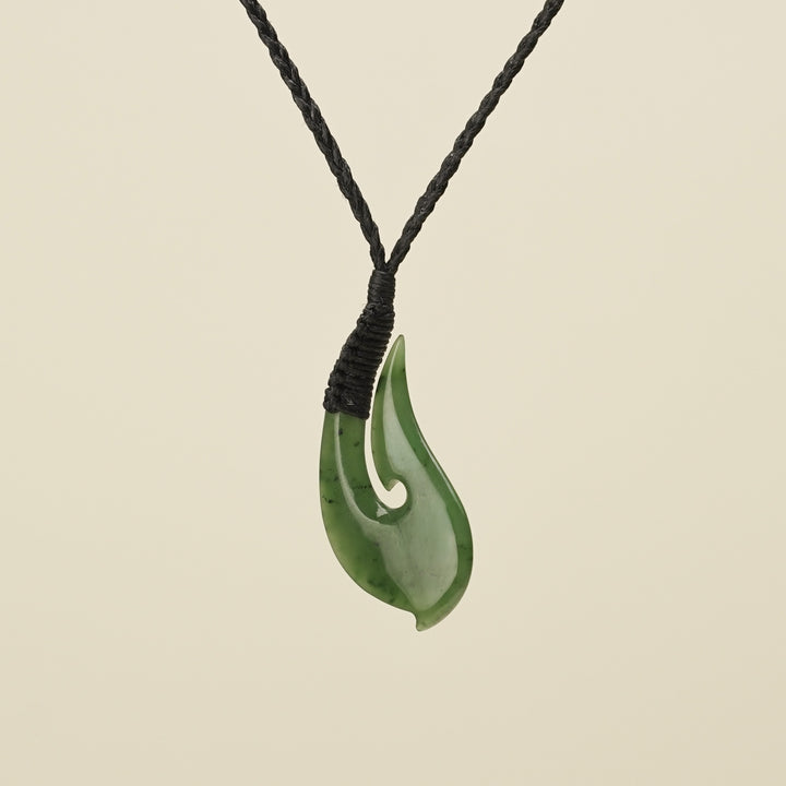 Hei Matau Medium Kawakawa Greenstone Black Binding