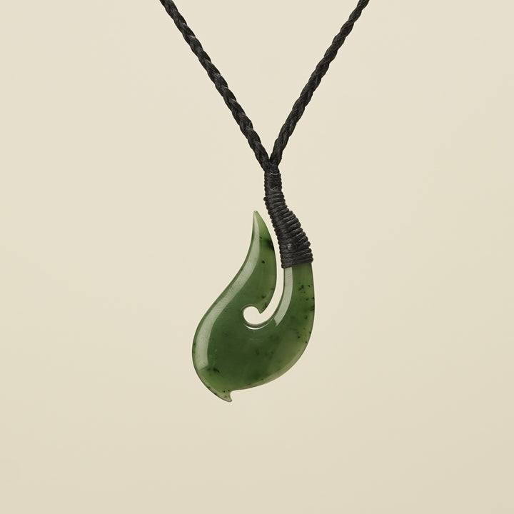Hei Matau Medium Kawakawa Greenstone Black Binding