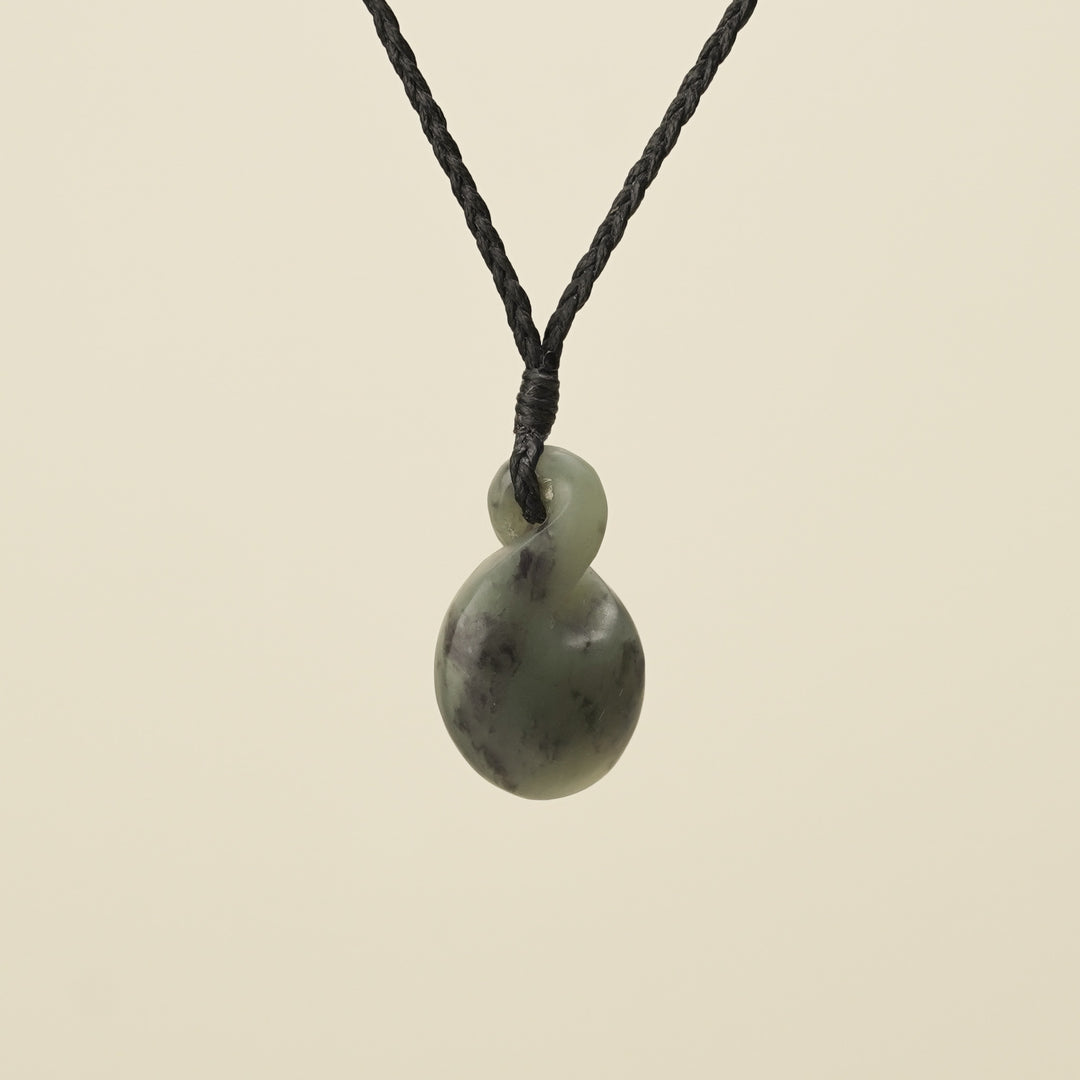 Pikorua Inanga Round Small Pounamu Pendant, Black Binding