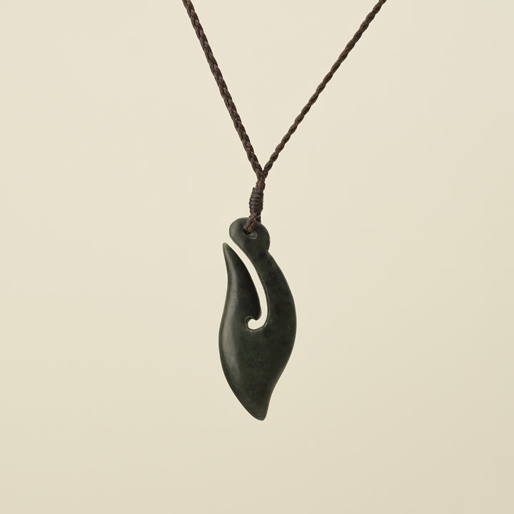 Hei Matau Kawakawa Small Pounamu Pendant, Brown Binding