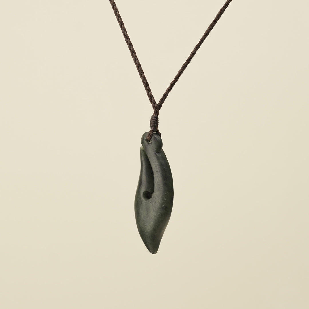 Hei Matau Kawakawa Small Pounamu Pendant, Brown Binding