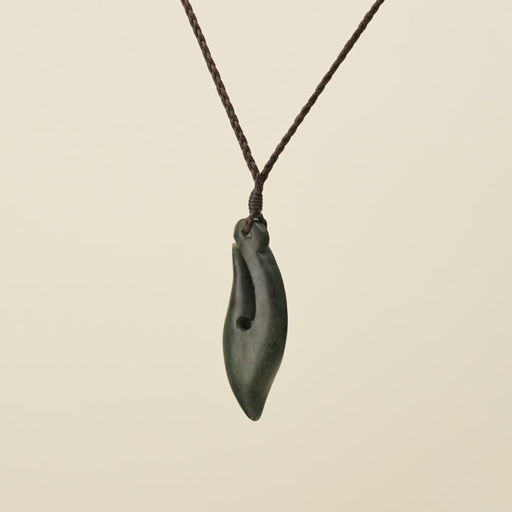 Hei Matau Kawakawa Small Pounamu Pendant, Brown Binding