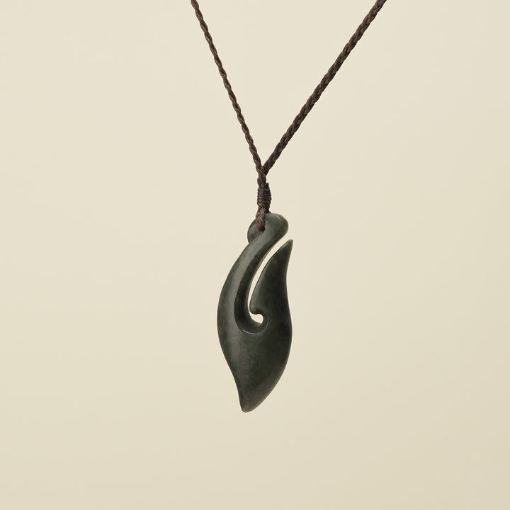 Hei Matau Kawakawa Small Pounamu Pendant, Brown Binding