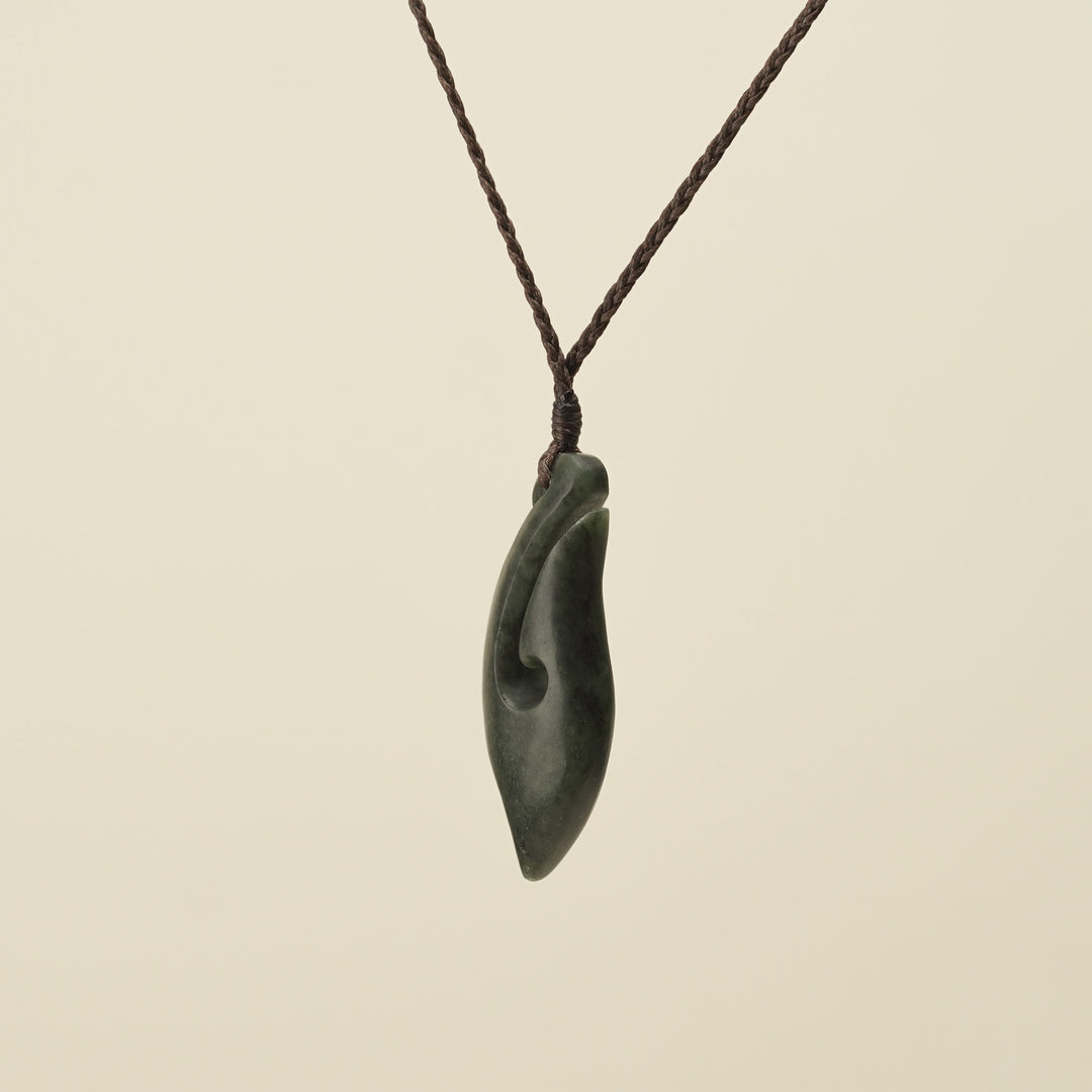 Hei Matau Kawakawa Small Pounamu Pendant, Brown Binding