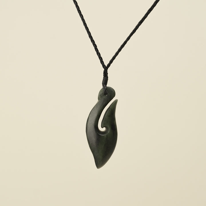 Hei Matau Kawakawa Small Pounamu Pendant, Black Binding