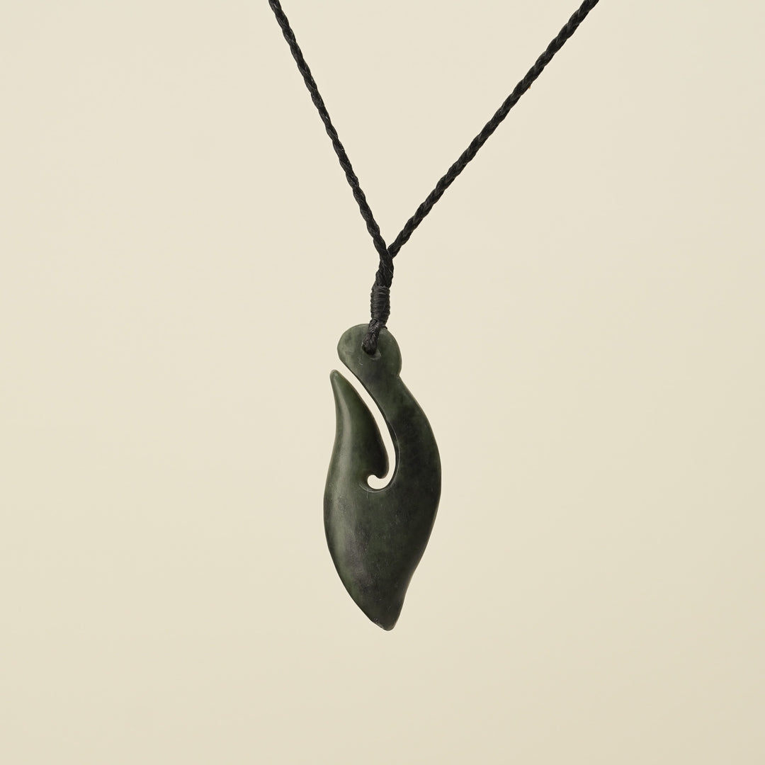 Hei Matau Kawakawa Small Pounamu Pendant, Black Binding