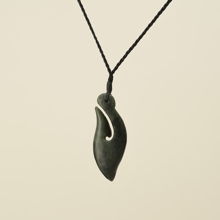 Hei Matau Kawakawa Small Pounamu Pendant, Black Binding