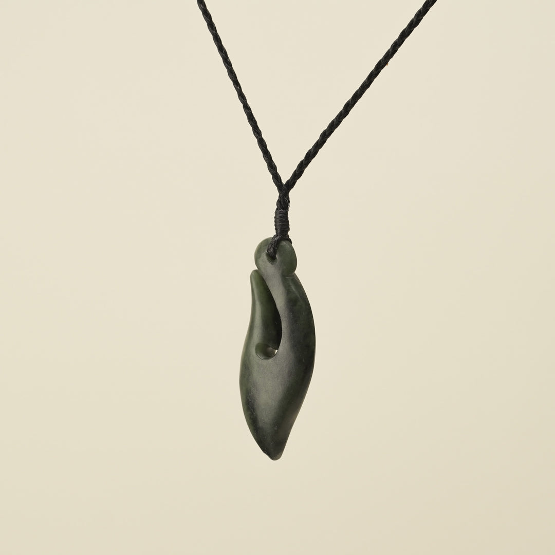 Hei Matau Kawakawa Small Pounamu Pendant, Black Binding