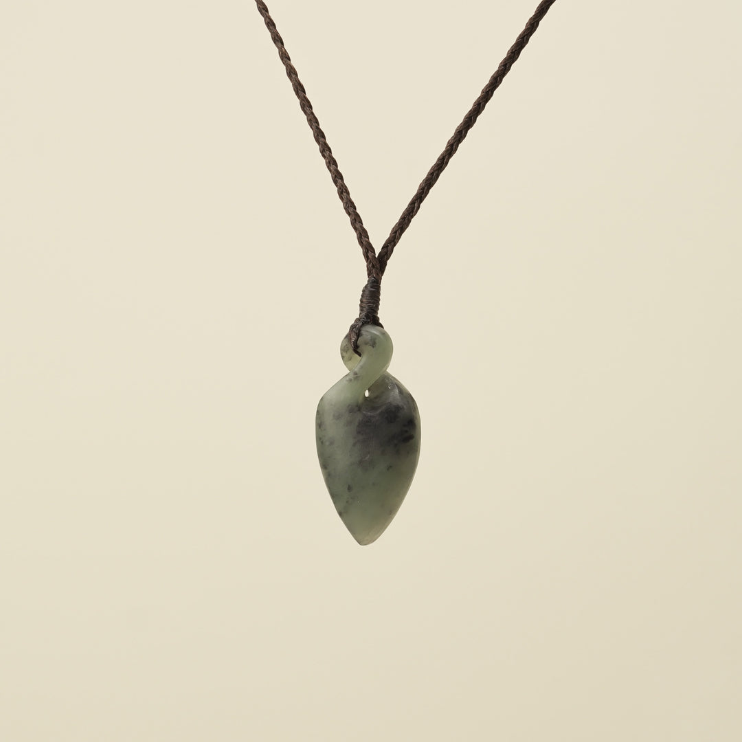 Pikorua Inanga Small Pounamu Pendant, Brown Binding