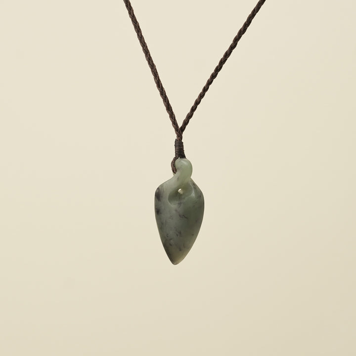 Pikorua Inanga Small Pounamu Pendant, Brown Binding