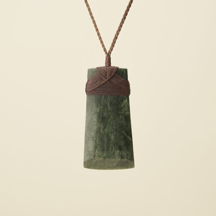 Toki Kawakawa Pounamu Extra Large Pendant, Brown Binding