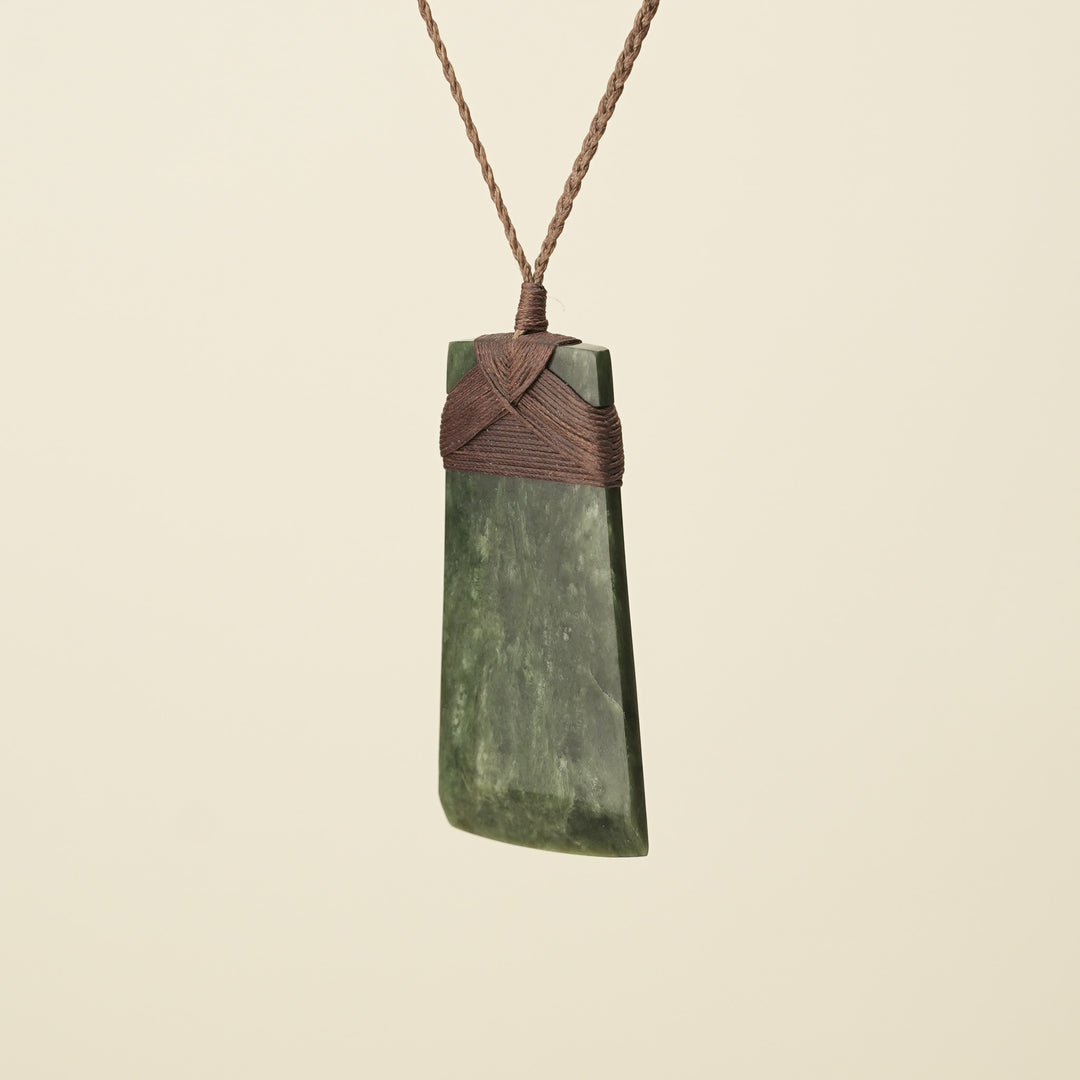 Toki Kawakawa Pounamu Extra Large Pendant, Brown Binding