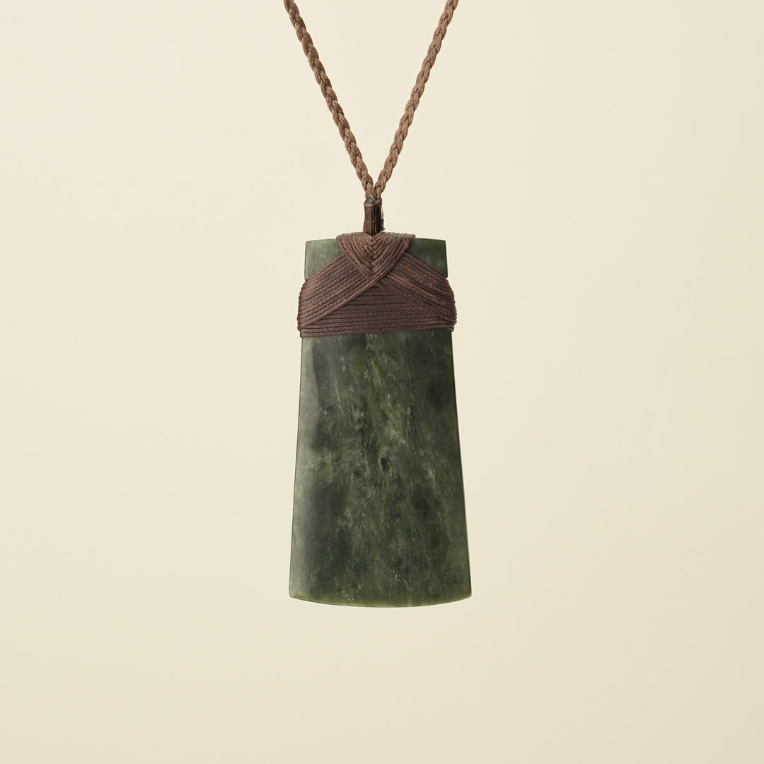 Toki Kawakawa Pounamu Extra Large Pendant, Brown Binding