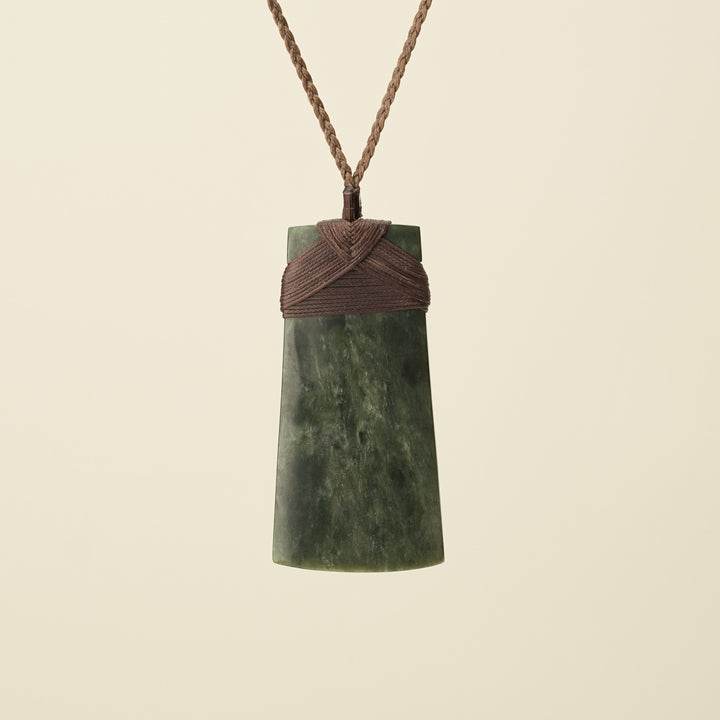 Toki Kawakawa Pounamu Extra Large Pendant, Brown Binding