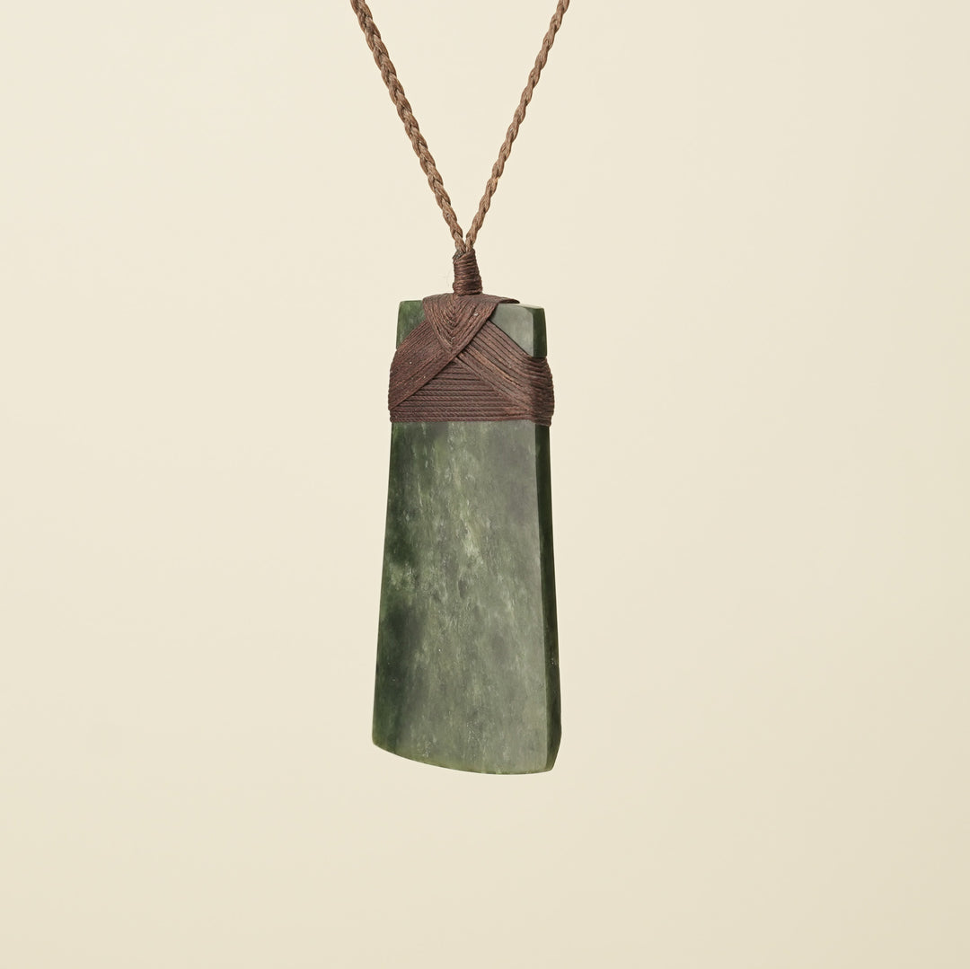 Toki Kawakawa Pounamu Extra Large Pendant, Brown Binding