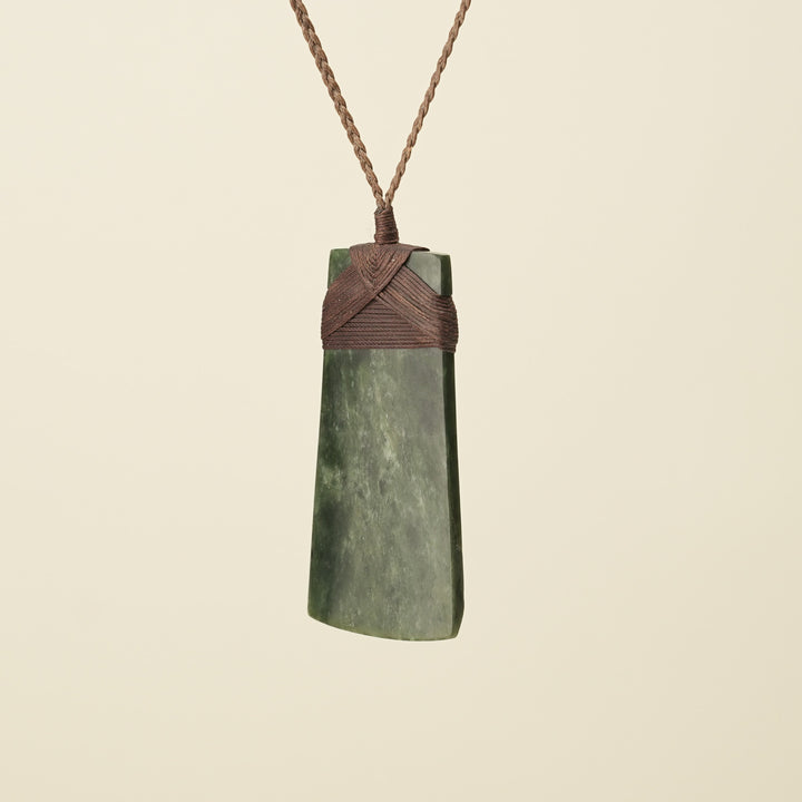 Toki Kawakawa Pounamu Extra Large Pendant, Brown Binding