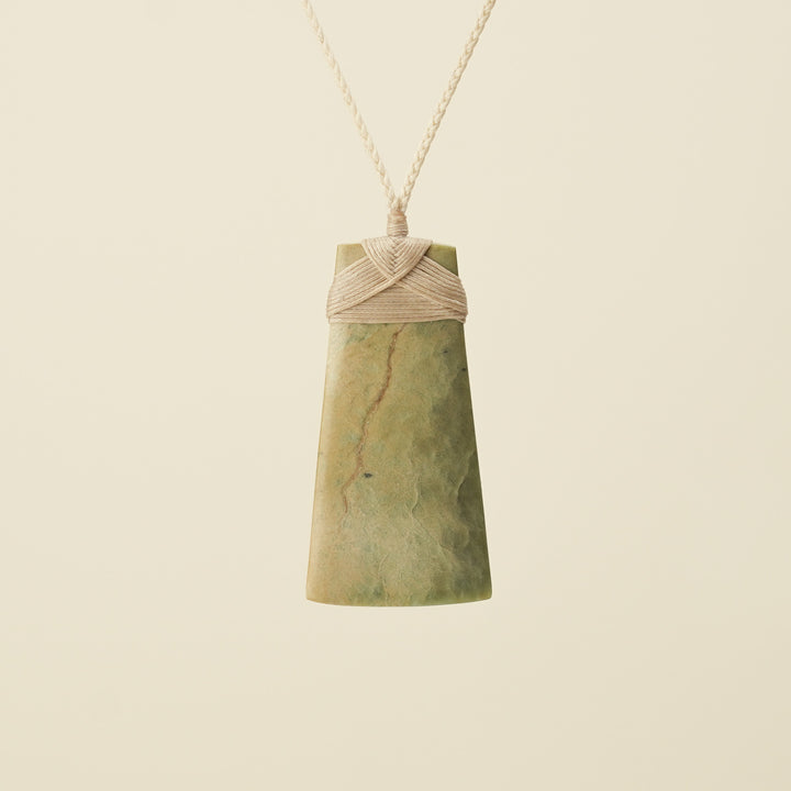 Toki Raukaraka Pounamu Large Pendant, Tan Binding