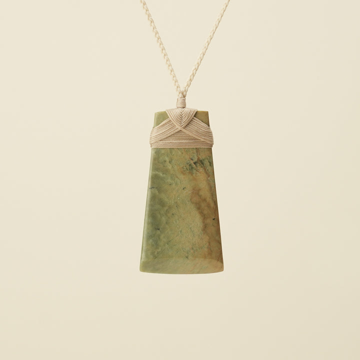 Toki Raukaraka Pounamu Large Pendant, Tan Binding