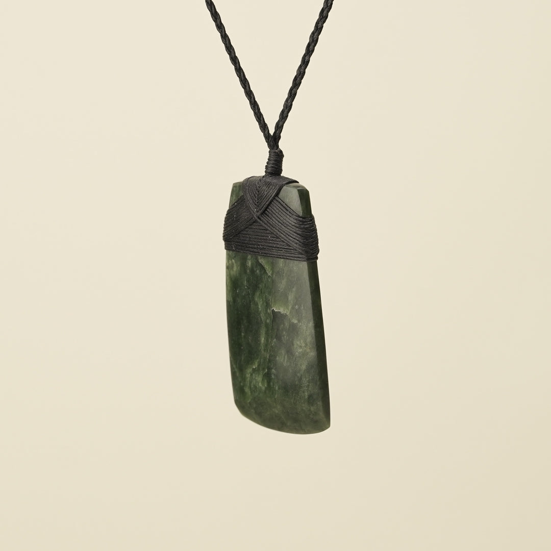 Toki Kawakawa Pounamu Large Pendant, Black Binding