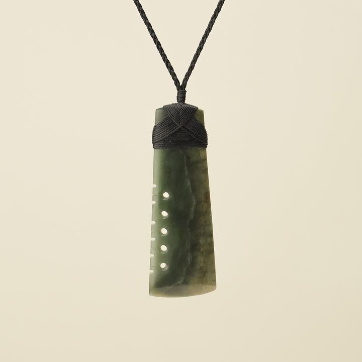 Notched Toki Raukaraka Pounamu Extra Large Pendant, Black Binding