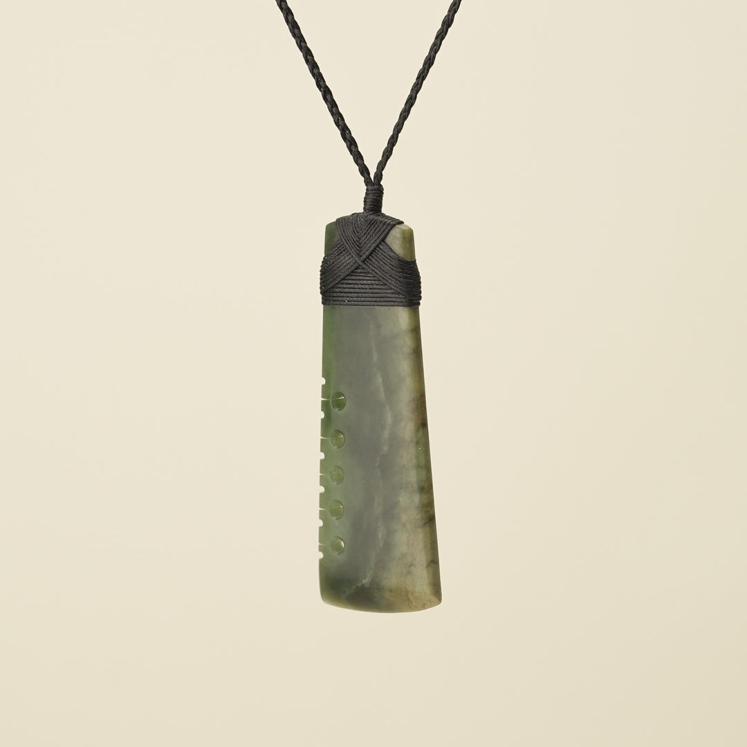 Notched Toki Raukaraka Pounamu Extra Large Pendant, Black Binding