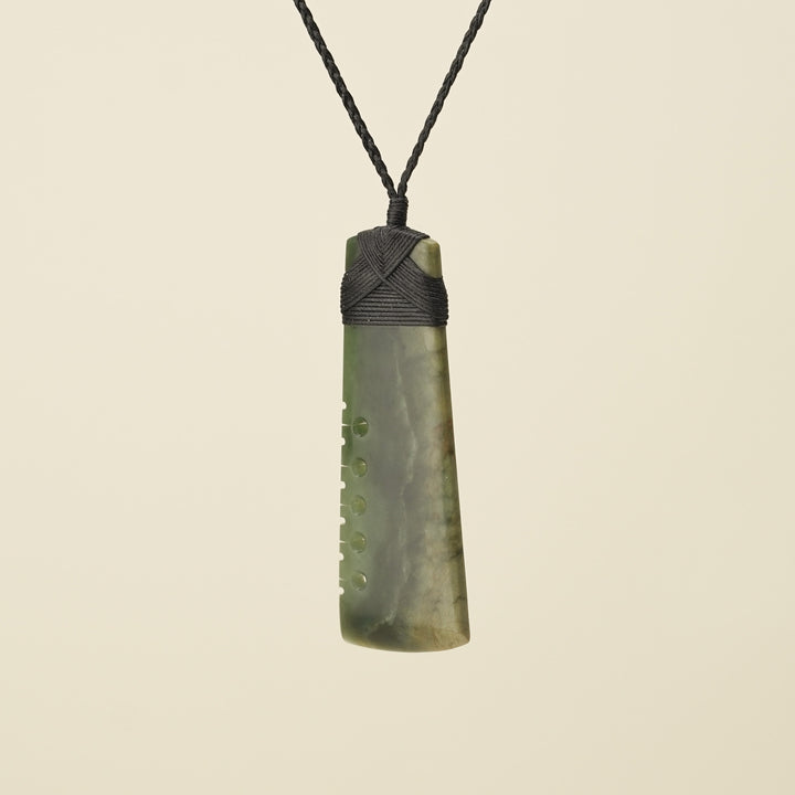 Notched Toki Raukaraka Pounamu Extra Large Pendant, Black Binding