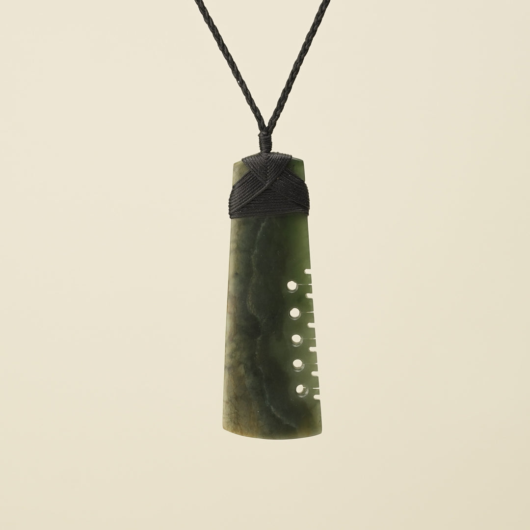 Notched Toki Raukaraka Pounamu Extra Large Pendant, Black Binding