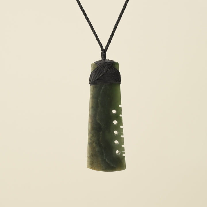 Notched Toki Raukaraka Pounamu Extra Large Pendant, Black Binding