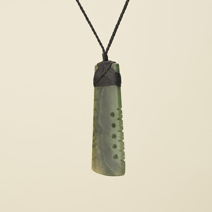 Notched Toki Raukaraka Pounamu Extra Large Pendant, Black Binding