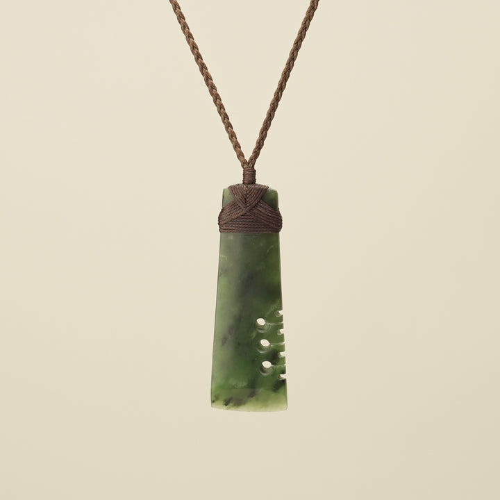 Notched Toki Kahurangi Medium Pounamu Pendant Brown Binding