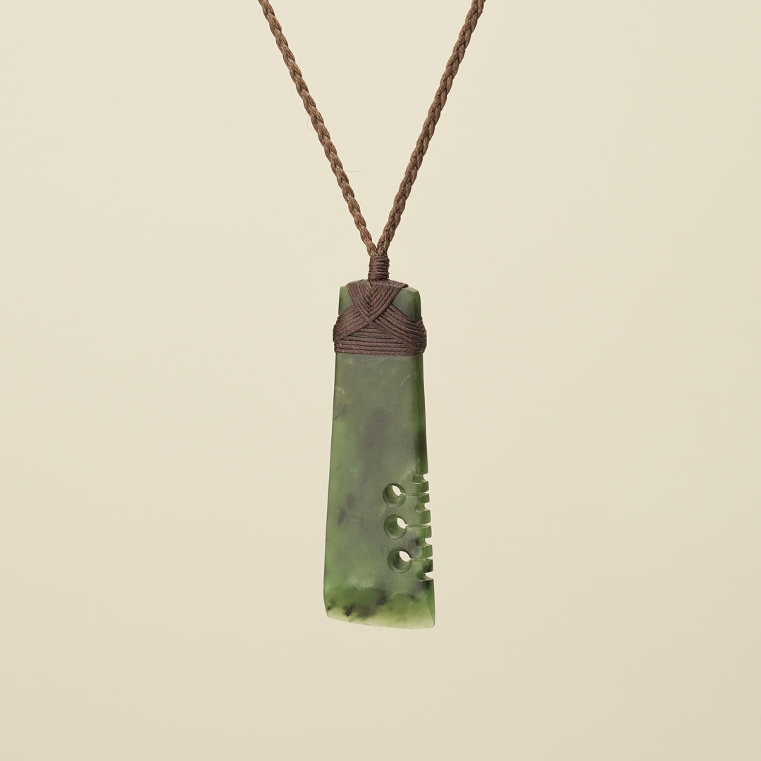 Notched Toki Kahurangi Medium Pounamu Pendant Brown Binding