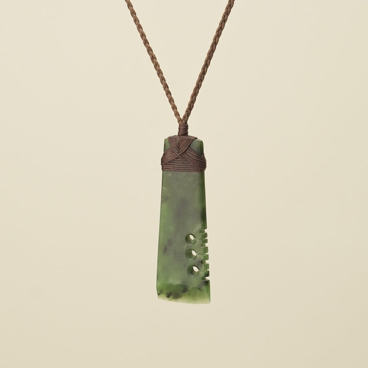 Notched Toki Kahurangi Medium Pounamu Pendant Brown Binding