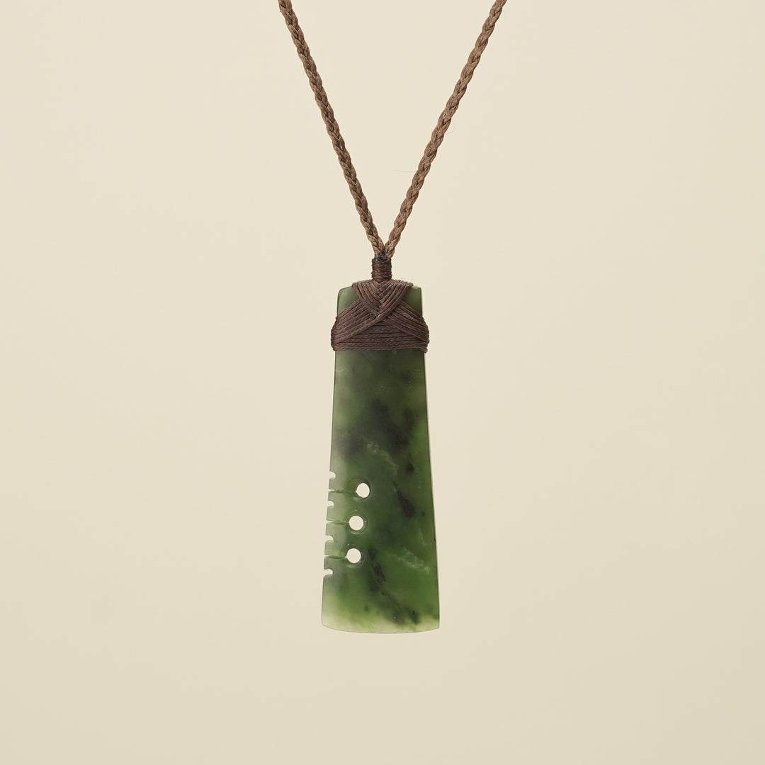 Notched Toki Kahurangi Medium Pounamu Pendant Brown Binding