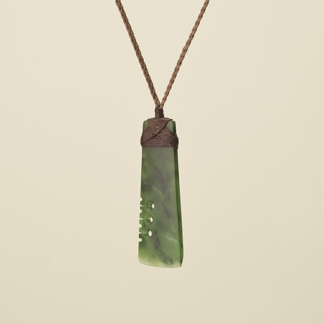 Notched Toki Kahurangi Medium Pounamu Pendant Brown Binding