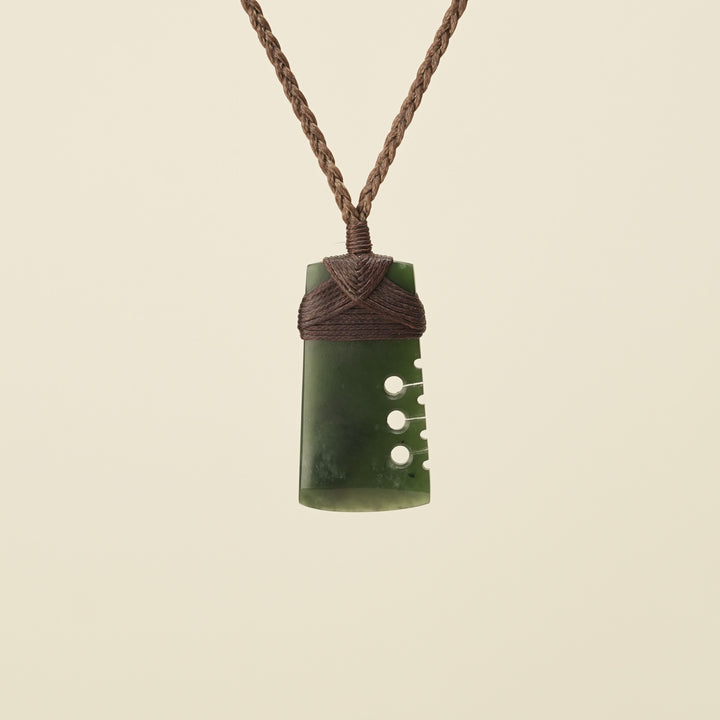 Notched Toki Kawakawa Extra Small Pounamu Pendant, Brown Binding