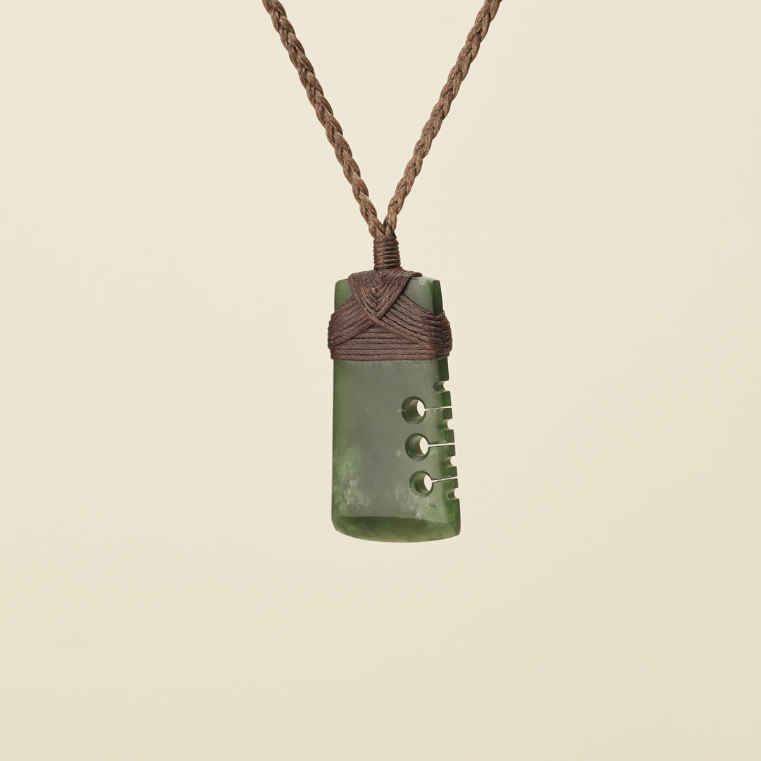 Notched Toki Kawakawa Extra Small Pounamu Pendant, Brown Binding