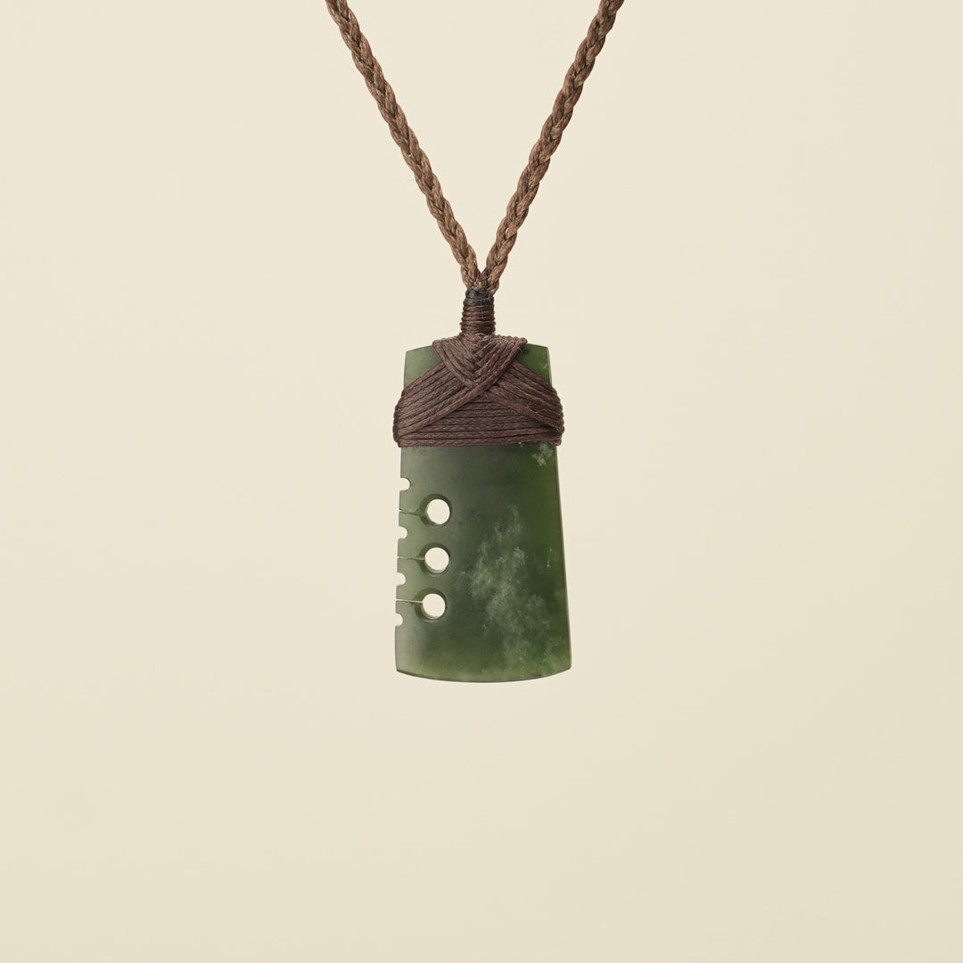 Notched Toki Kawakawa Extra Small Pounamu Pendant, Brown Binding