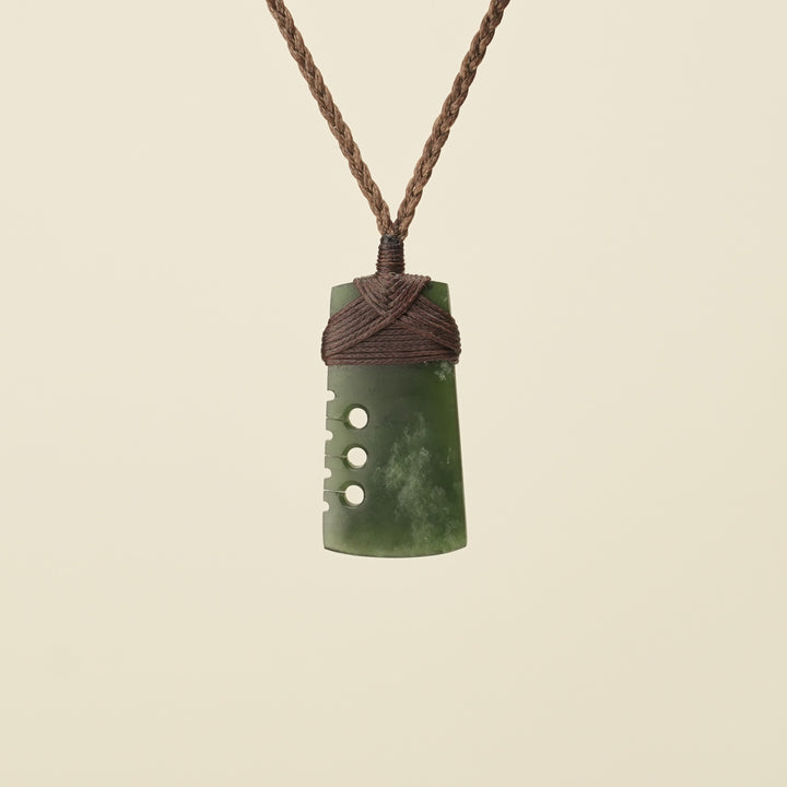 Notched Toki Kawakawa Extra Small Pounamu Pendant, Brown Binding