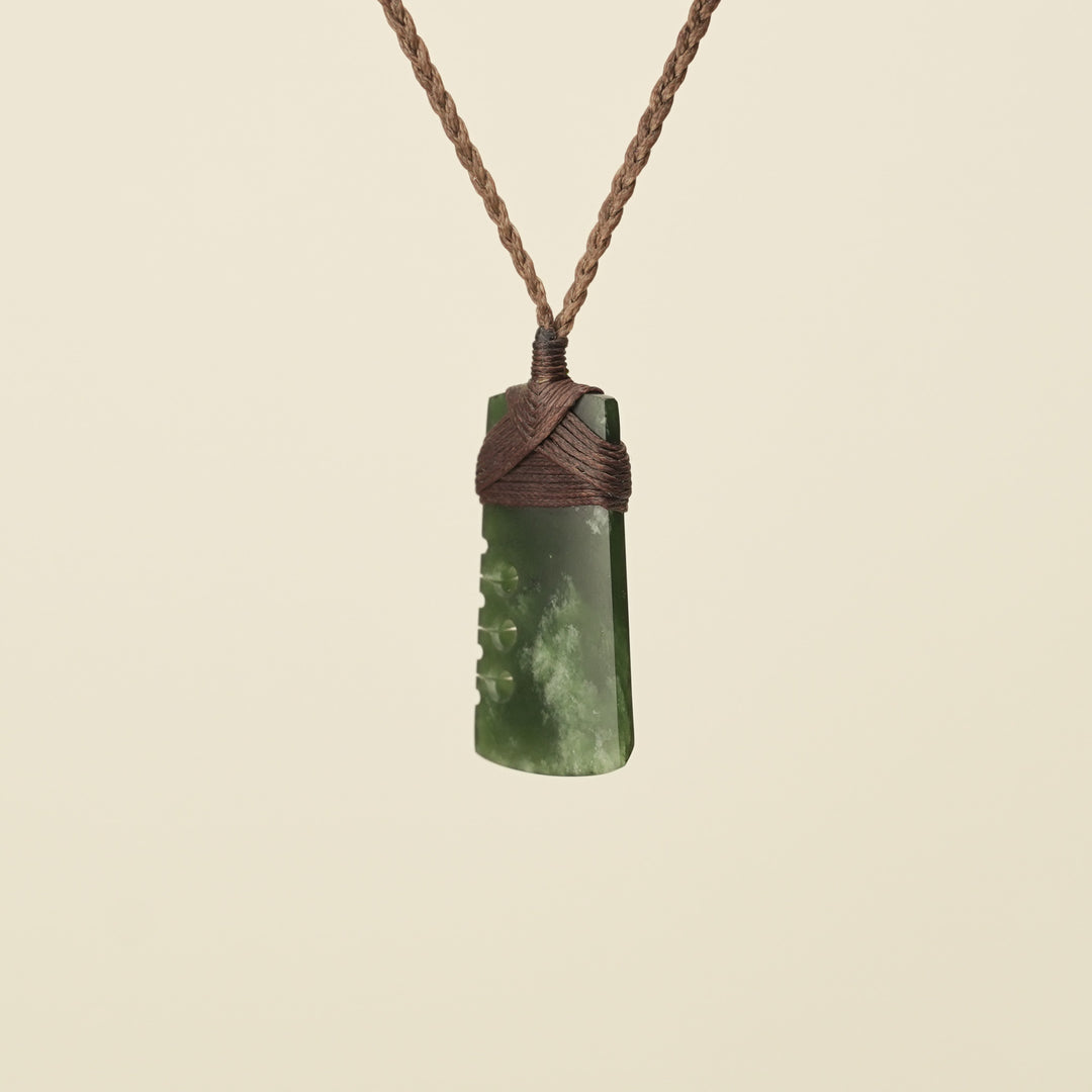 Notched Toki Kawakawa Extra Small Pounamu Pendant, Brown Binding