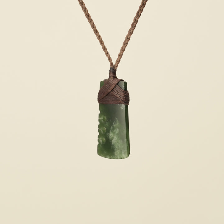 Notched Toki Kawakawa Extra Small Pounamu Pendant, Brown Binding