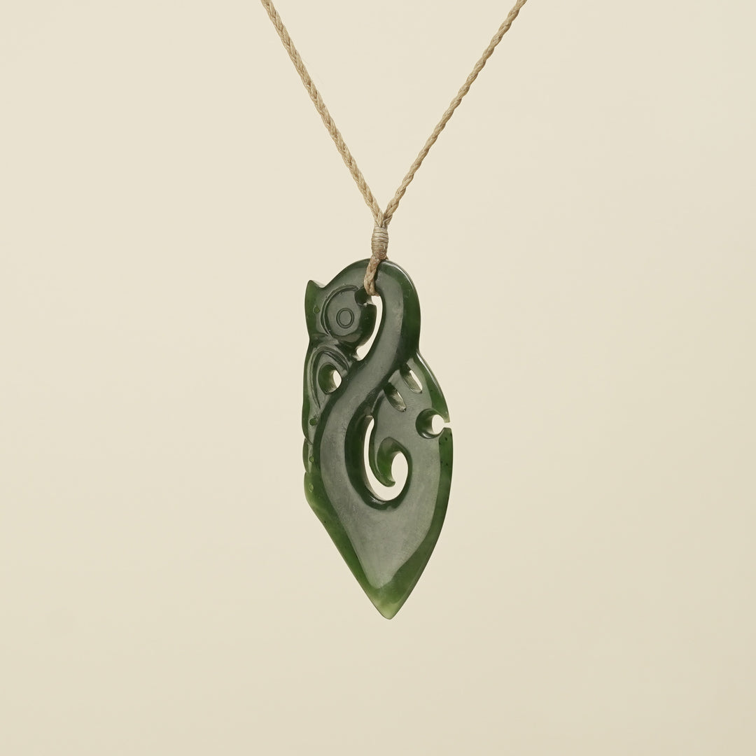 Manaia Kawakawa Greenstone Large Pendant ,Tan Binding