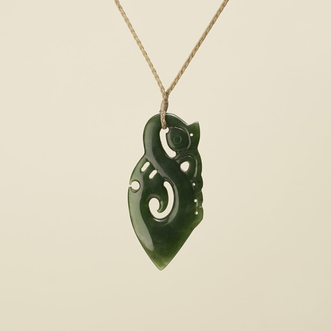 Manaia Kawakawa Greenstone Large Pendant ,Tan Binding