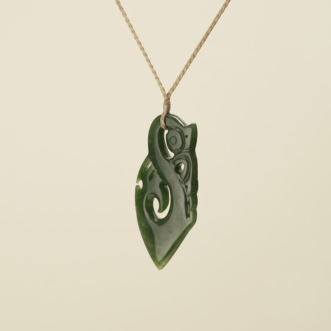Manaia Kawakawa Greenstone Large Pendant ,Tan Binding