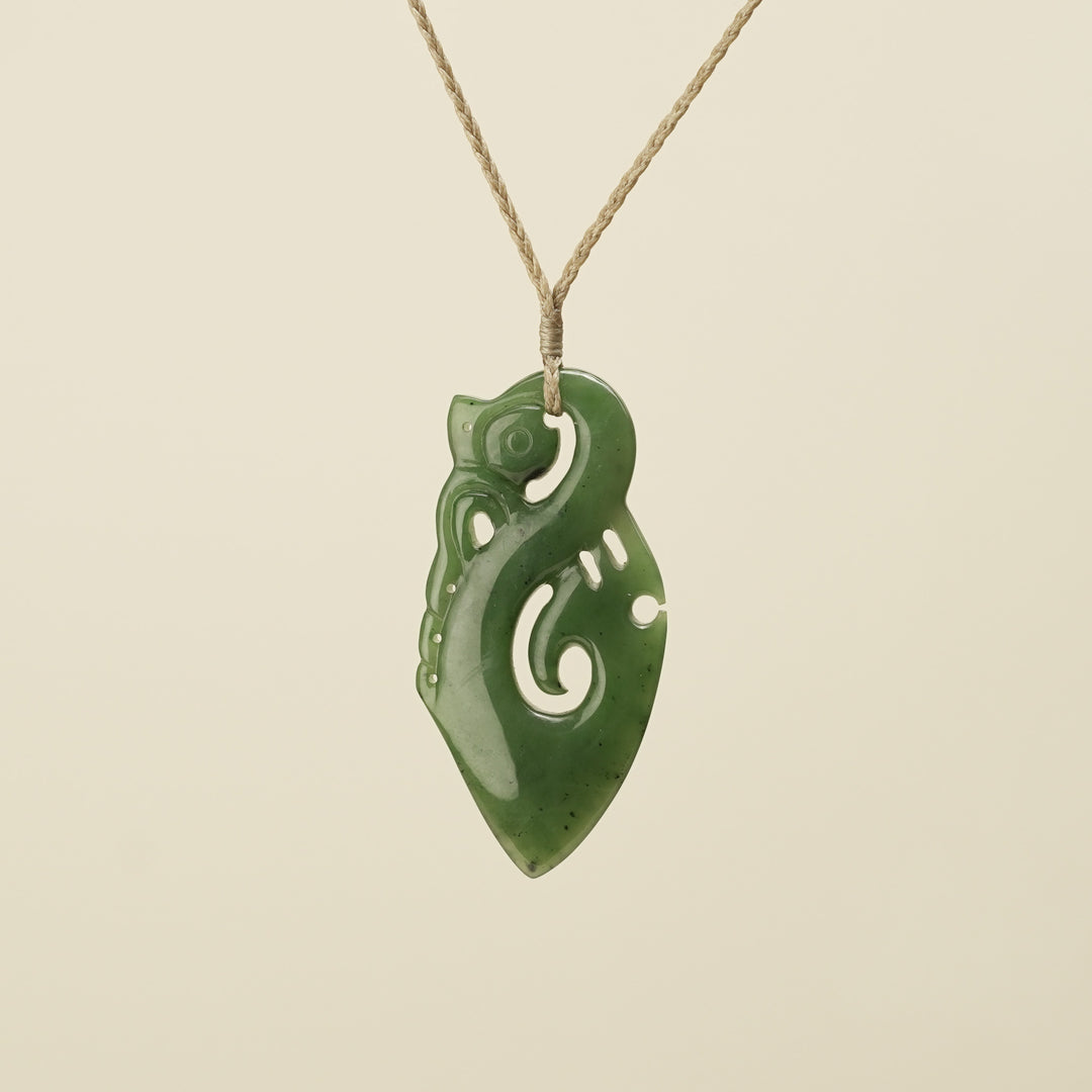 Manaia Kawakawa Greenstone Large Pendant ,Tan Binding