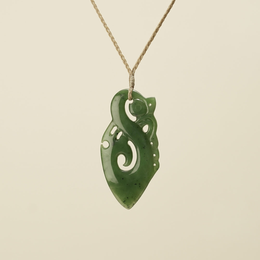 Manaia Kawakawa Greenstone Large Pendant ,Tan Binding