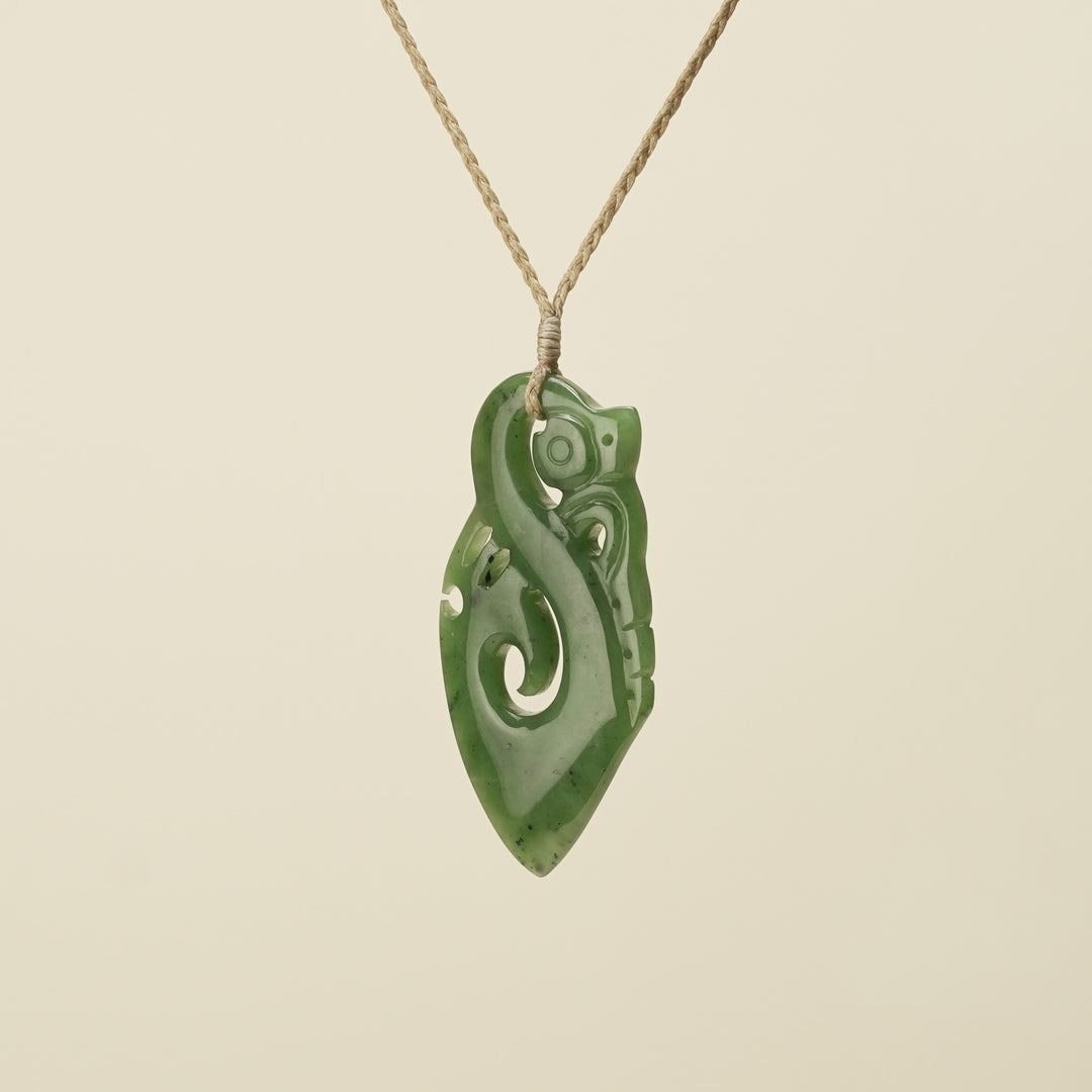 Manaia Kawakawa Greenstone Large Pendant ,Tan Binding